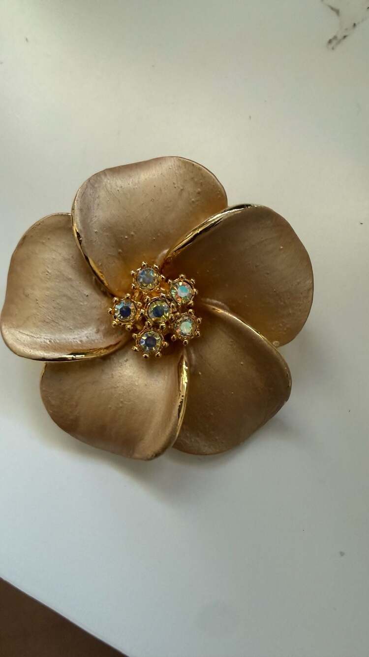 Vintage Gold Tone Plumeria Flower Brooch Pendant with Aurora Borealis